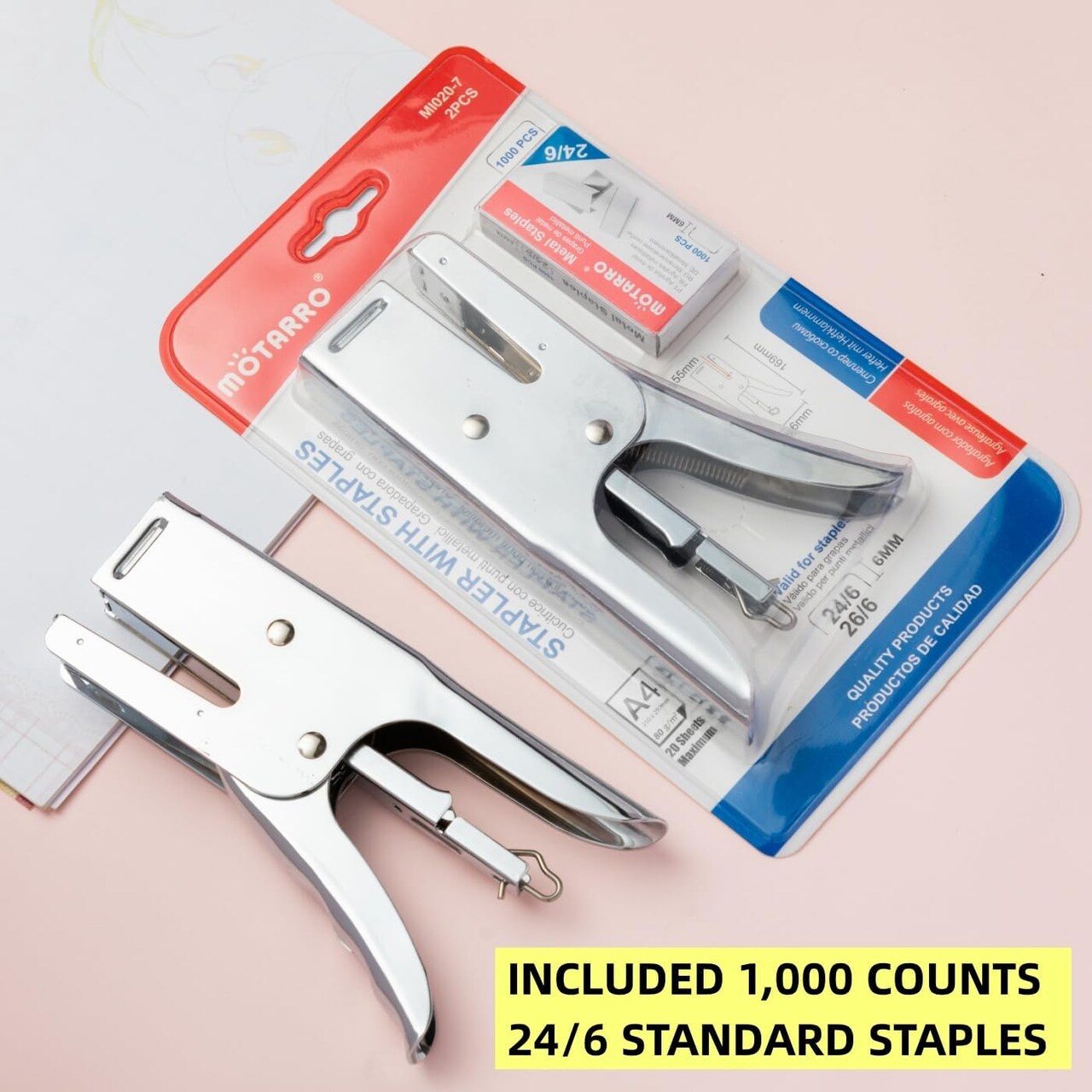 Heavy-Duty Full-Strip Metal Plier Stapler, Large Capacity Stapler with Standard 24/6 Metal Staples 1000 pcs for Desktop Work Office & School Supplies